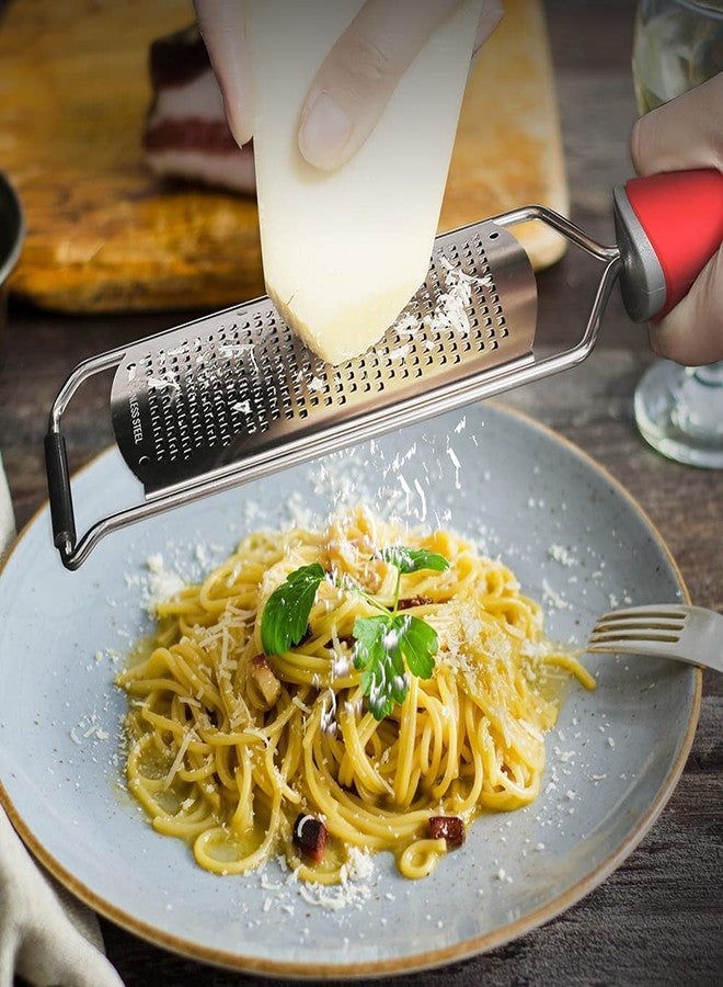 Ramkuwar Stainless Steel Cheese Grater - Flat Handheld Grater and Zester for Garlic, Chocolate, Vegetables, Fruits, Potato, Ginger, and More, Durable Kitchen Tool, Red Handle - Image 4